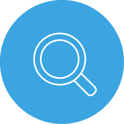 a round blue icon with a white and blue search icon on it